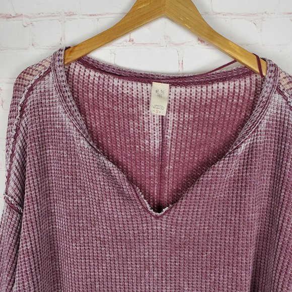 Free People Dahlia Washed Thermal Size S Wine Long Bell Sleeve Top V Neck - Picture 9 of 15